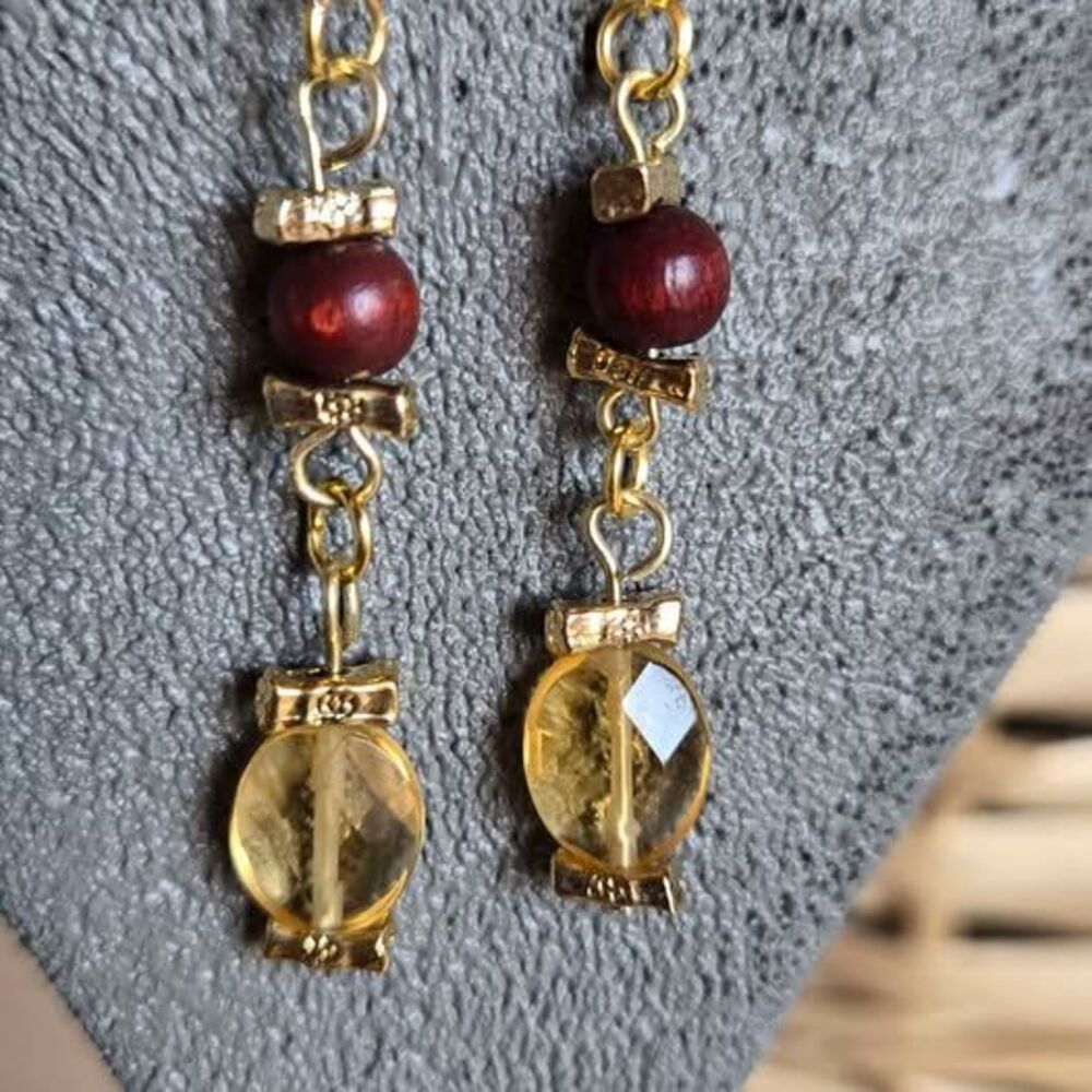 Handmade Wood & Amber Glass Beaded Dangle Earrings